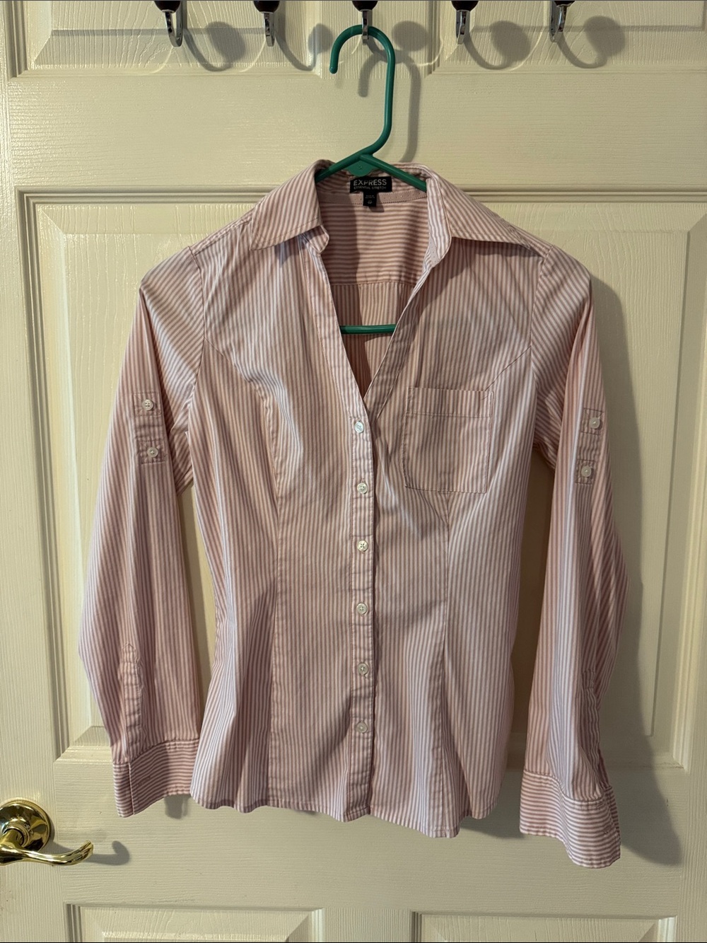 Express Trio: Beige Ribbed V-Neck Sweater, Camisole & Pink Stripe Shirt - Picture 6 of 6